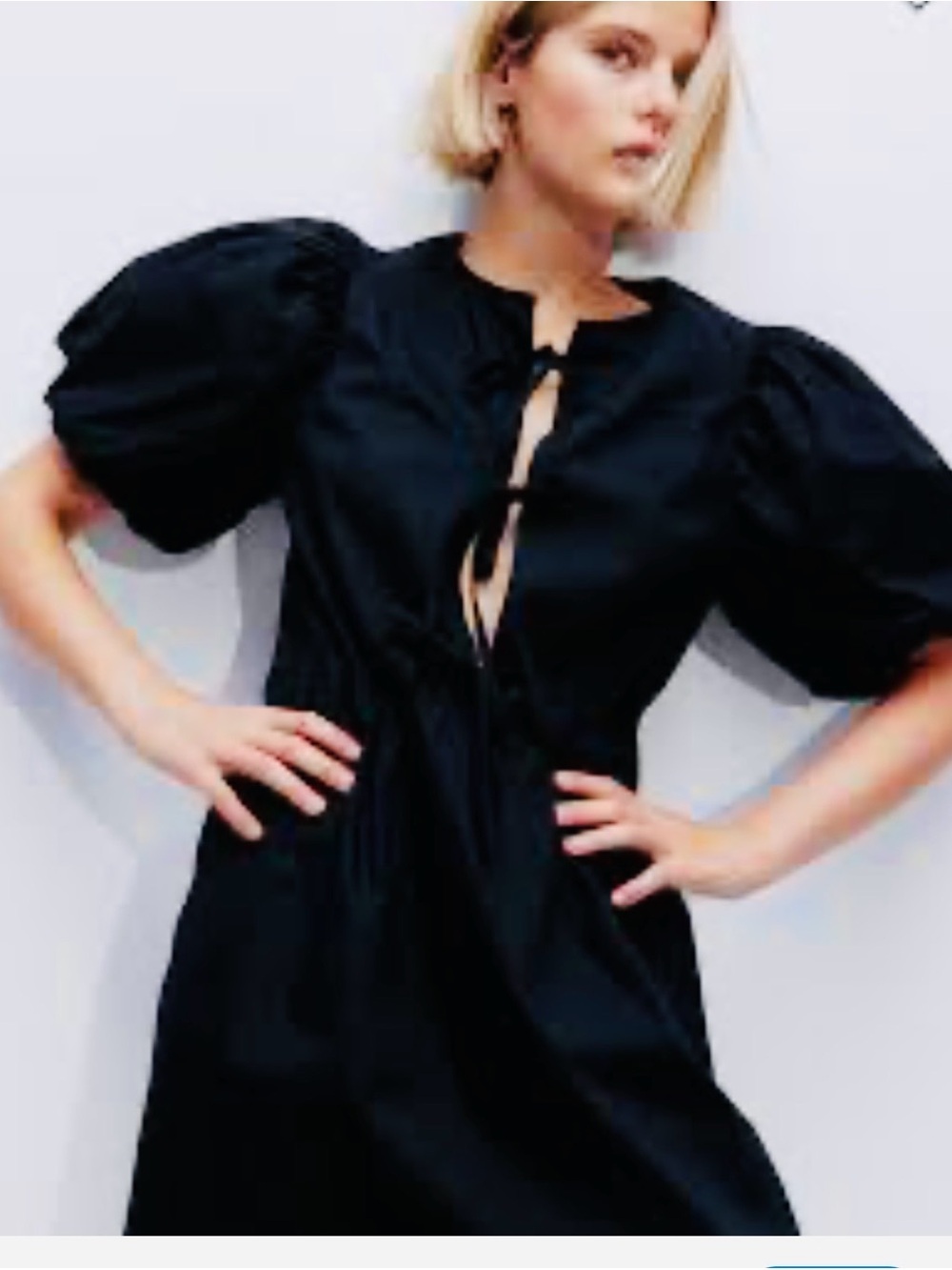 H&M Black Puff-Sleeve Tie Front Mini Dress